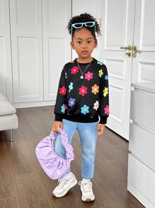 SHEIN 年轻女孩圆领宽松休闲碎花卫衣 - 彩色 - 查看 4