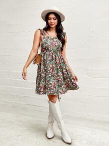 SHEIN LUNE Women's Vacation Leisure Ditsy Floral Waist-Cinched Strappy Dress - Multicolor - View 4