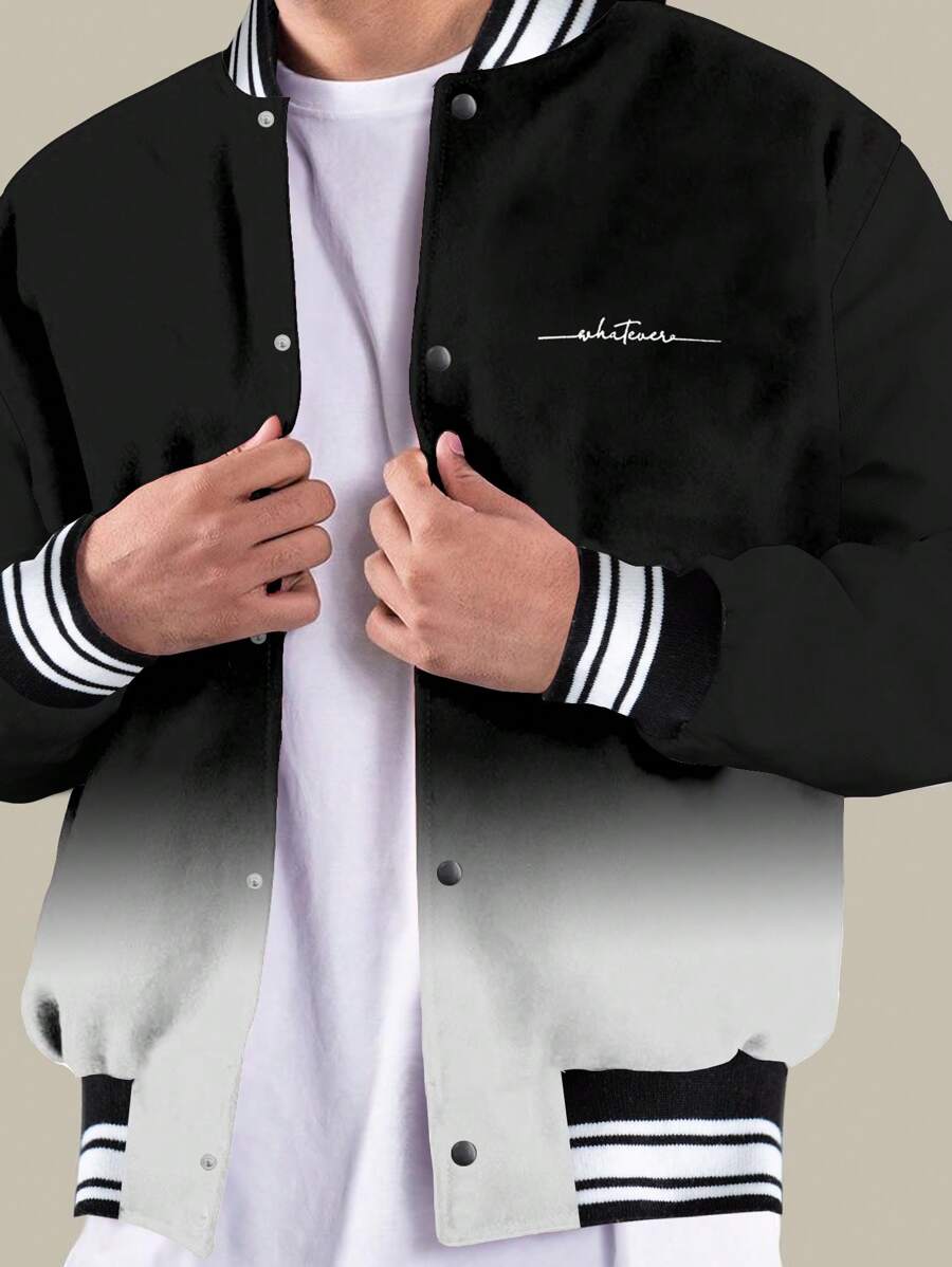 Manfinity Homme Men's Casual Loose Fit Letter & Striped Print Long Sleeve Baseball Jacket For Spring & Autumn - Black and White - View 1