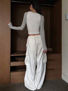 DAZY 女士春夏字母印花圆领短款罗纹长袖 T 恤、图案 T 恤