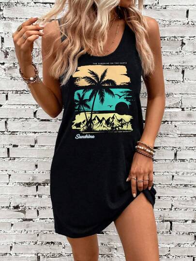 SHEIN LUNE Casual Palm Tree & Beach Graphic Sleeveless Dress, Suitable For Spring/Summer Chic Dress