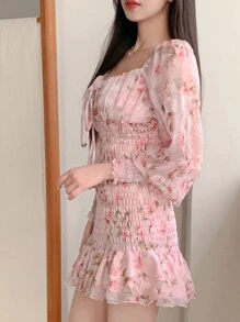 DAZY Women Sweetheart Collar Tie Front Long Sleeve Ruffle Floral Allover Print Short Dress,Milkmaid Dress Sundress,Mini Dress