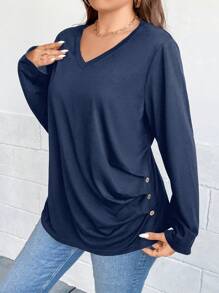 SHEIN Clasi 大码 V 领长袖纽扣休闲 T 恤