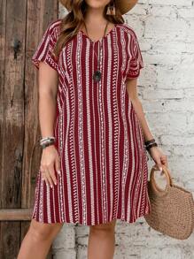 EMERY ROSE Plus Size Summer Striped Dress - Burgundy - View 1
