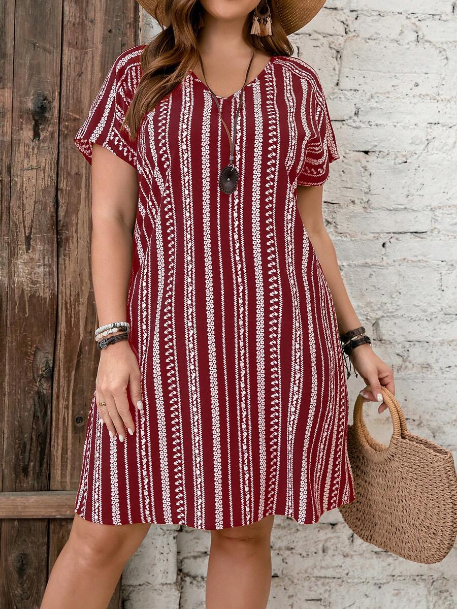 EMERY ROSE Plus Size Summer Striped Dress - Burgundy - View 1