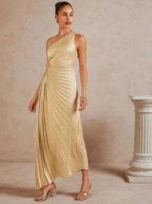 L'Amorae Asymmetric One Shoulder Satin Pleated Dress With Cut Out - Khaki - View 5