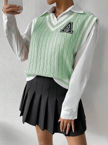 Lunelith SHEIN Lunessa Women's Casual V-Neck Letter Pattern Knitted Sweater Vest, Fall/Winter