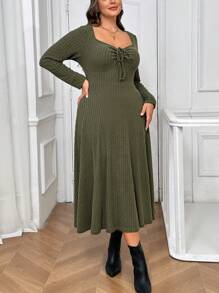 SHEIN Essnce Plus Size Ribbed Twist Collar A-Line Long Sleeve Dress For Fall/Winter - Green - View 3
