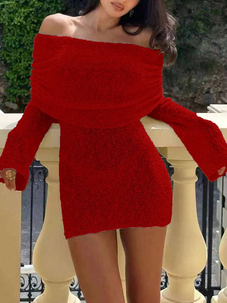 INAWLY Women Off-Shoulder Long Sleeve Solid Color Simple Short Casual Sweater Dress - Red - View 1