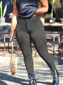 Women's Solid Color Front Button Multiple Pockets Casual Pants, Suitable For Daily Wear And Business - Dark Grey - View 3