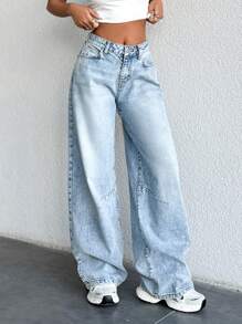 EURMUSE 100% Cotton Front Button, Multi-Pocket, Light Blue Low Waist Wide Leg Pants For Casual Daily Wear - Baby Blue - View 4