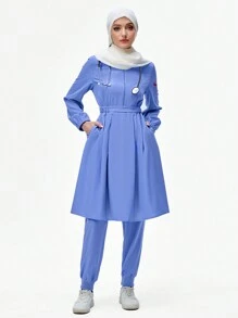 TaskEZ Health Check Scrubs Uniforms Women Solid Color Pet Grooming Work Uniform Set Nutritionist Work Suits Short Sleeved Lab Work Wear - Blue - View 10