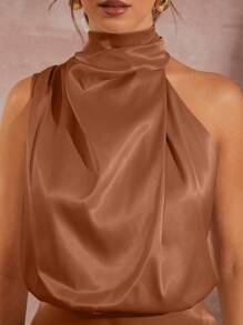 L'Amorae 不对称立领垂褶缎面连身裤 - 棕色 - 查看 4