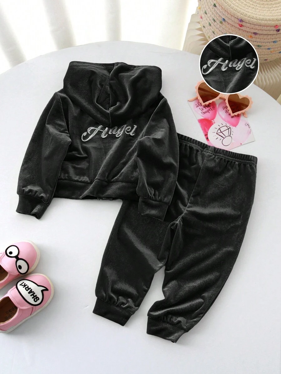 SHEIN 2 件装女婴天鹅绒连帽夹克和松紧腰裤套装，时尚可爱 - 黑色 - 查看 1