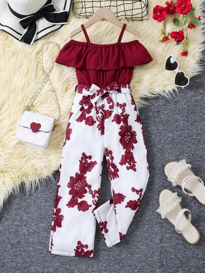 SHEIN Elladie kids 年轻女孩时尚无袖荷叶边领花卉印花露背连体裤，休闲度假风格，适合春夏季节