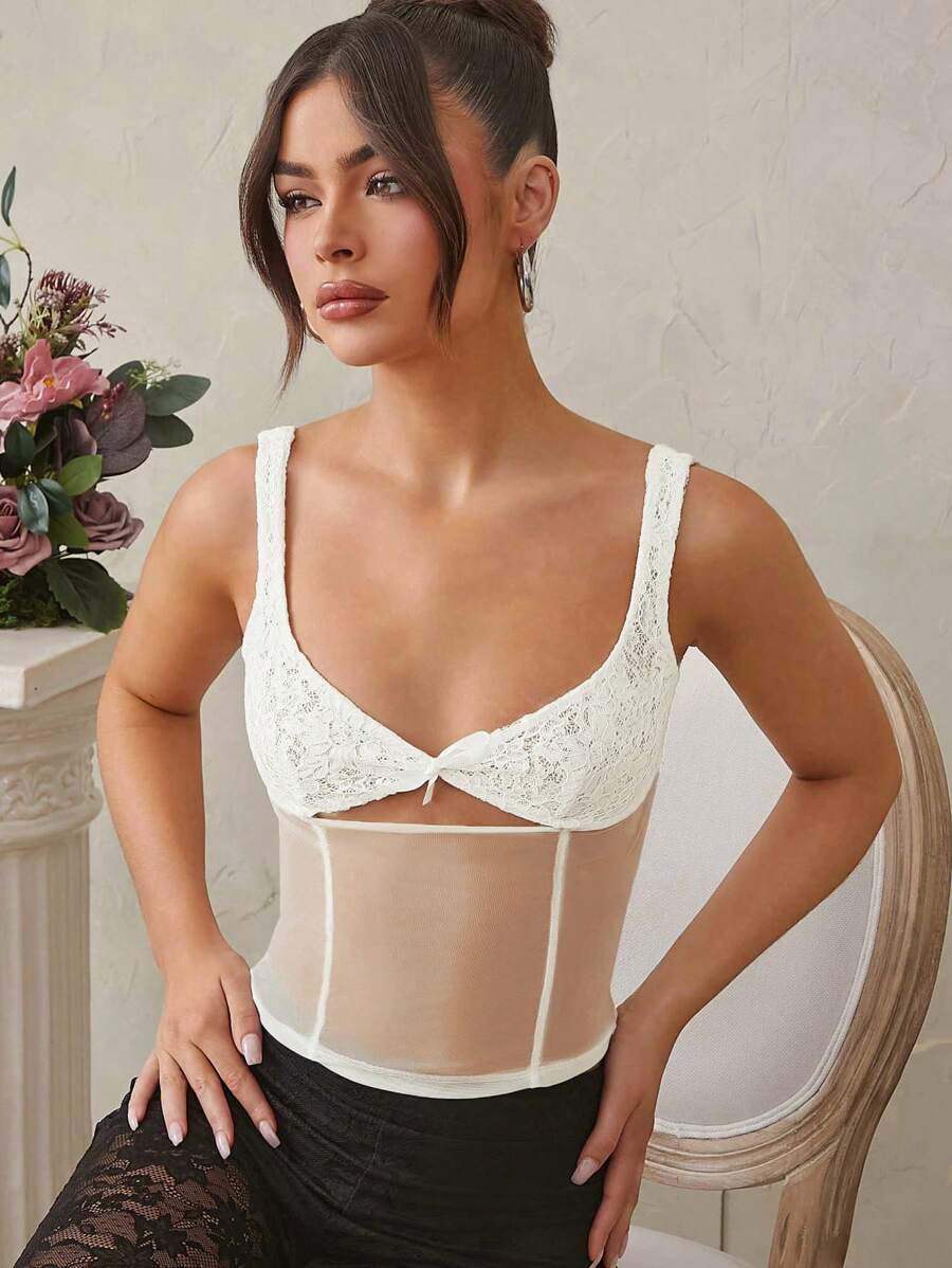 L'Amorae Lace Bust Front Bow Detail Cute Tank Top - White - View 1