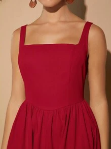 L'Amorae Square Neck Sleeveless Solid Dress - Red - View 3