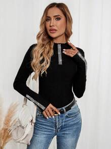 EMERY ROSE Women's Spring And Autumn Diamond Decorated Stand Collar Long Sleeve Slim Fit Sweater