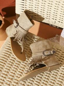 Styleloop Women's Tassel Design Retro Style Fashion Zipper Strap Wear Mid-Calf Boots Fall - Khaki - View 12