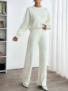 RueChic Woman Top And Bottom Rhinestones Detailed Cozy Soft Long Length Sweater Co-Ords