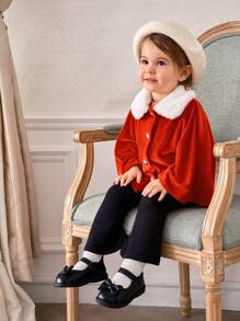 SHEIN Baby Girl Peter Pan Collar Front Button Long Sleeve Outerwear, Winter - Red - View 1