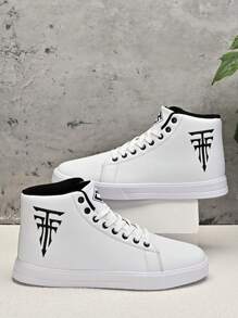 Plus Size Men's Lace-Up High-Top PU Leather Simple Boots. Waterproof, Windproof, Slip-Resistant, Lightweight, Fashionable Casual Shoes, Dance Shoes, Skateboarding Shoes - White - View 6