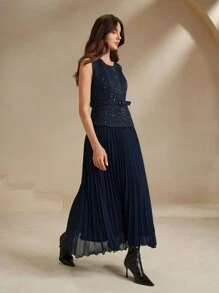 Anewsta Women Contrast Chiffon Pleated Long Dress Maxi Tweed Women Outfit - Blue - View 6