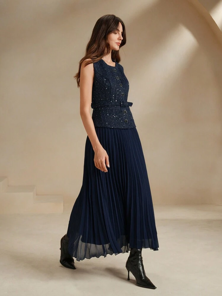 Anewsta Women Contrast Chiffon Pleated Long Dress Maxi Tweed Women Outfit - Blue - View 6