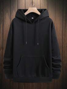 RueChic Men Slogan Graphic Kangaroo Pocket Drawstring Hoodie - Black - View 2