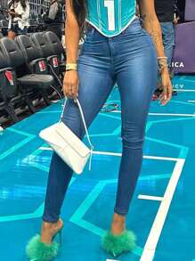 Y2K街头风高腰弹力修身工装紧身牛仔裤，带口袋，适合日常穿着