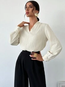 Firerie 褶皱灯笼袖工作衬衫白色衬衫，长袖上衣 - 杏色 - 查看 4