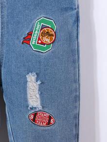 Vintage Street Style Ripped & Distressed Washed Denim Jumpsuit With Animal Embroidered Patches For Young Boys Casual Loose Fit - Medium Wash - View 4