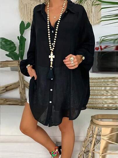 INAWLY Plus Size Casual Solid Color Button Front Shirt Fall Cloth For Women