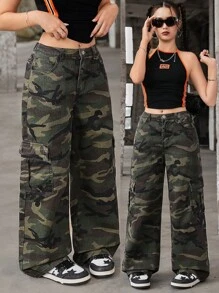 SHEIN 少女休闲迷彩图案工装牛仔裤（水洗） - 軍綠色 - 查看 1