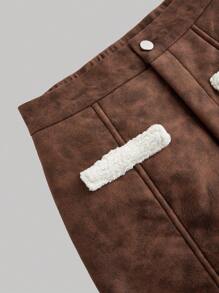 SHEIN MOD 女士冬季扎染拼接仿羊毛时尚短裙 - 駝色 - 查看 3