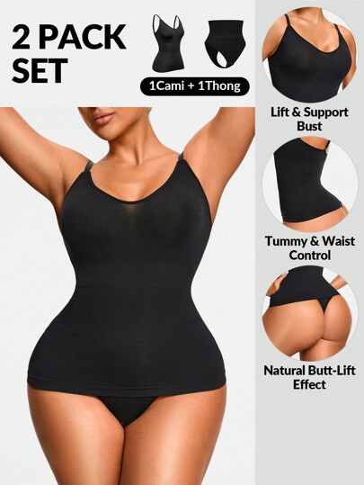 Shapelle Forme 2 Packs Black Seamless Shapewear Set Tummy Waist Control Shapewear Body Shaper Bust&Butt Lifter-1pc Cami Top & 1pc Thong