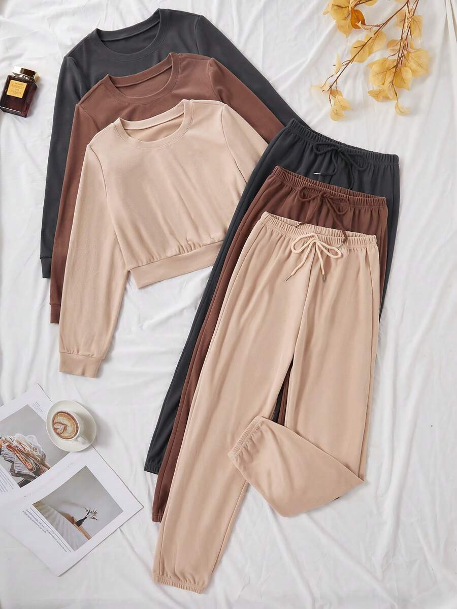 Snug Zone 三件套纯色抓绒连帽衫和长裤家居服套装,秋冬睡衣,舒适保暖套装 - 彩色 - 查看 1