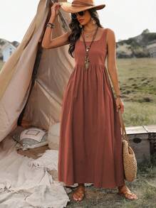 EMERY ROSE 女式夏季纯色方领无袖长款休闲连衣裙 - 鏽棕色 - 查看 5