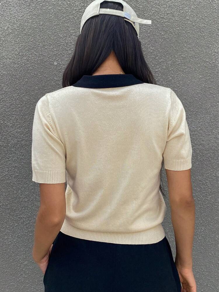 Women Summer Contrast Color Collar Short Sleeve Casual Knit Blouse