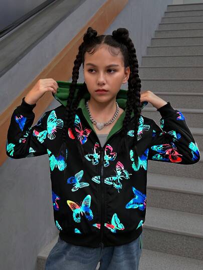 SHEIN Explorewe Tween 女童夜光彩色蝴蝶撞色保暖内衬连帽夹克，防风，适合秋冬季