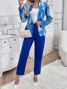 SHEIN Clasi Traje de oficina elegante compuesto por chaqueta blazer y pantalones con estampado de patchwork, decoración de botones metálicos para dama en primavera y otoño - Azul - Ver 6