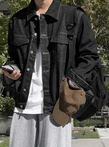 DAZY Men's Solid Color Denim Jacket, Autumn - Black - View 4