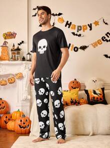 Juego de pijama cómodo con patrón de calavera para hombres, que combina con la familia para Halloween - Negro - Ver 8