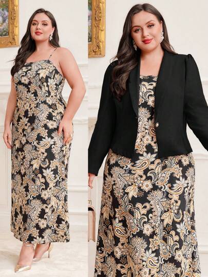 Modelyn Plus Size Notch Lapel Blazer And Paisley Print Cami Dress 2pcs/Set 2 Pieces Set