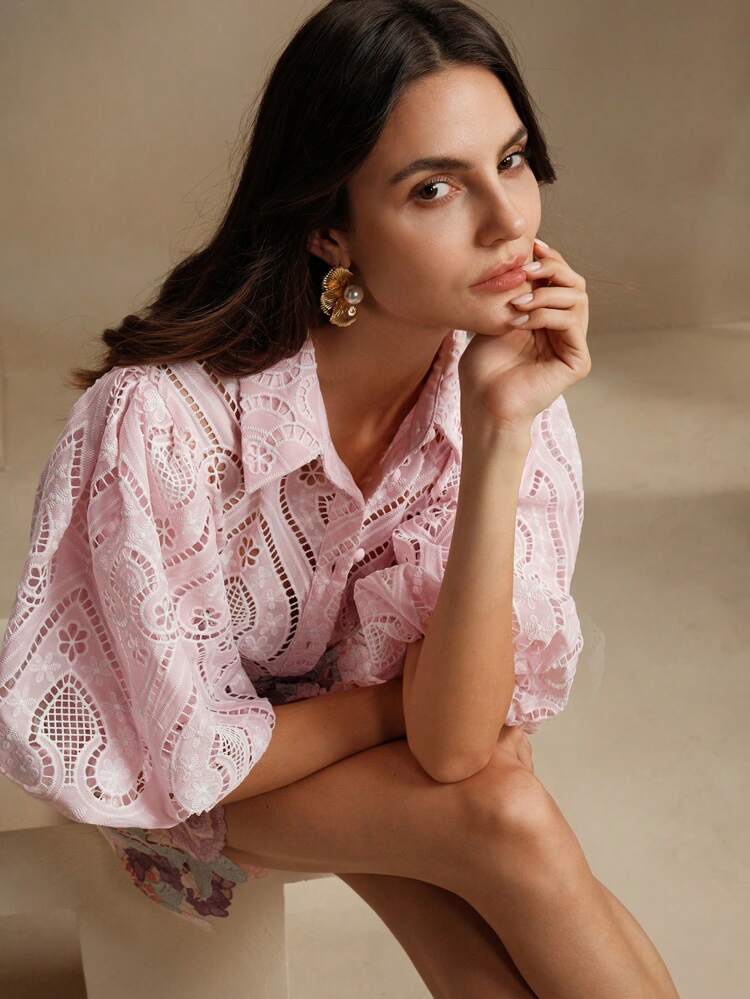 Romantic And Elegant Vacation Style Hollow Embroidered Blouse Women Shirt