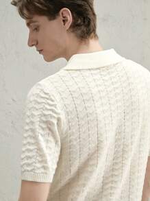 AKNOTIC Business Casual 男士针织翻领 Polo 衫，白色钩针纹理短袖修身上衣 - 白色 - 查看 4