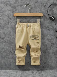 Baby Boys Casual Distressed Printed Soft Denim Tapered Pants, 4 Seasons - Khaki - View 1