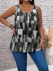 EMERY ROSE Parte superior tipo tank casual de verano con estampado de cuadros para mujeres de talla grande - Negro - Ver 3