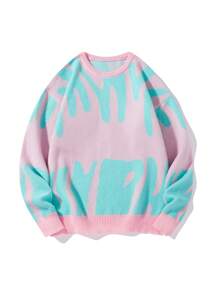 Manfinity Hypemode Men's Colorblock Printed Crew Neck Sweater, Pink Sweater, Sweater Graphic, Sweaters Y2k, Men Sweater, Oversized Sweater - Pink - View 1