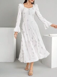 Modelyn Vestido elegante de manga de campana con escote de corazón, decoración de perlas falsas y estampado de mariposas, vestidos de noche largos de primavera y verano